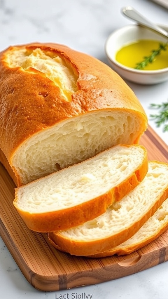 Homemade sandwich bread loaf sliced on a wooden board, showcasing its fluffy texture.